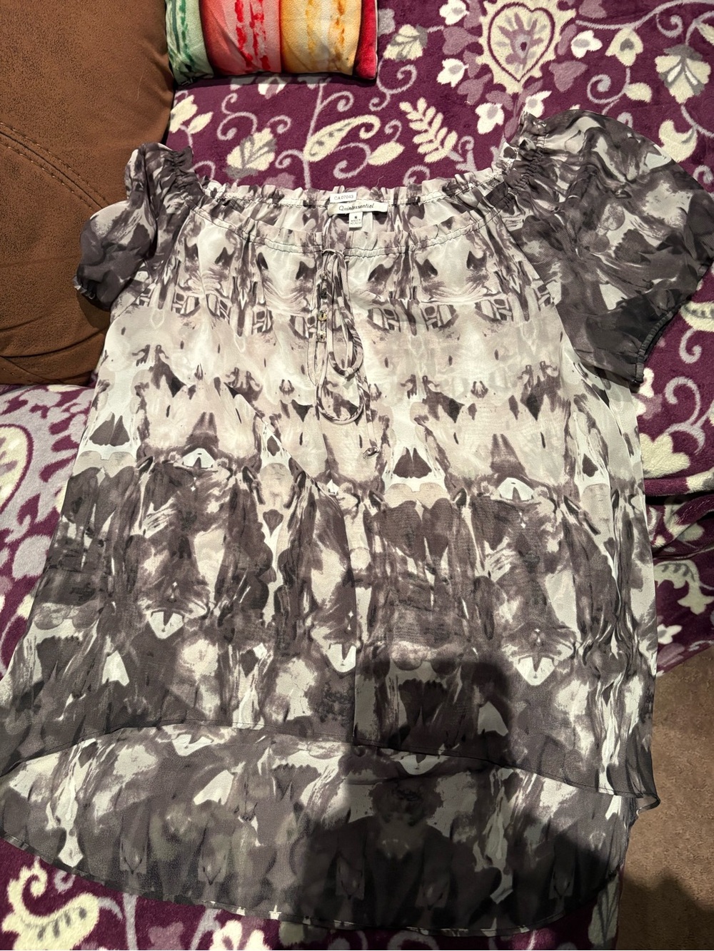 Women's Gray Patterned Off-Shoulder Tie-Neck Blouse